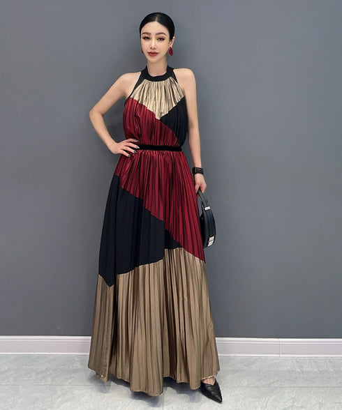 Tri-Color Pleated Halter Dress